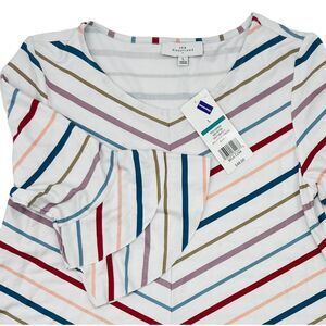 New Direction NWT Polished Julianna Crepe Blouse‎ Top Qtr Ruffle Sleeve Striped